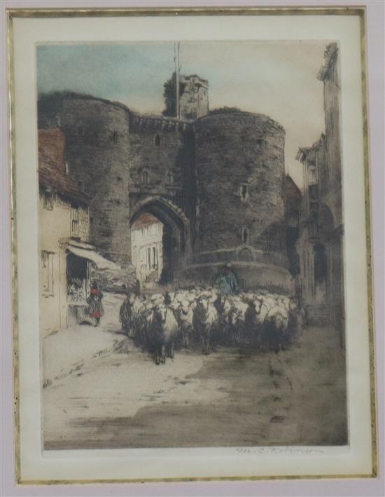 M.C. Robinson, pair of coloured dry point etchings, Rye, signed 20 x 15cm.